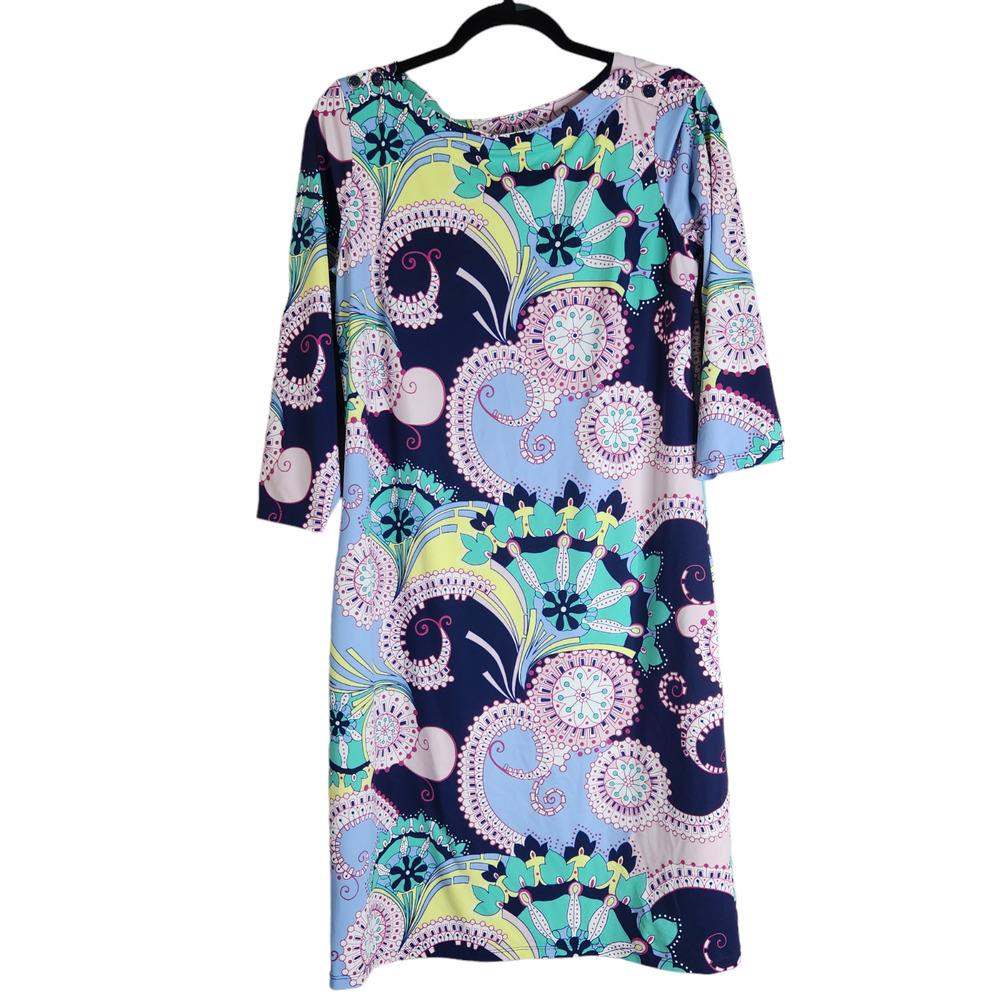 Talbots Womens Midi Dress Size Medium Blue Purple Geometric 3/4 Sleeves Pullover